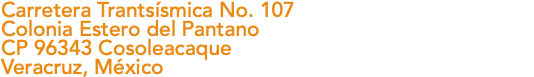 Carretera Trantsísmica No. 107 Colonia Estero del Pantano CP 96343 Cosoleacaque Veracruz, México